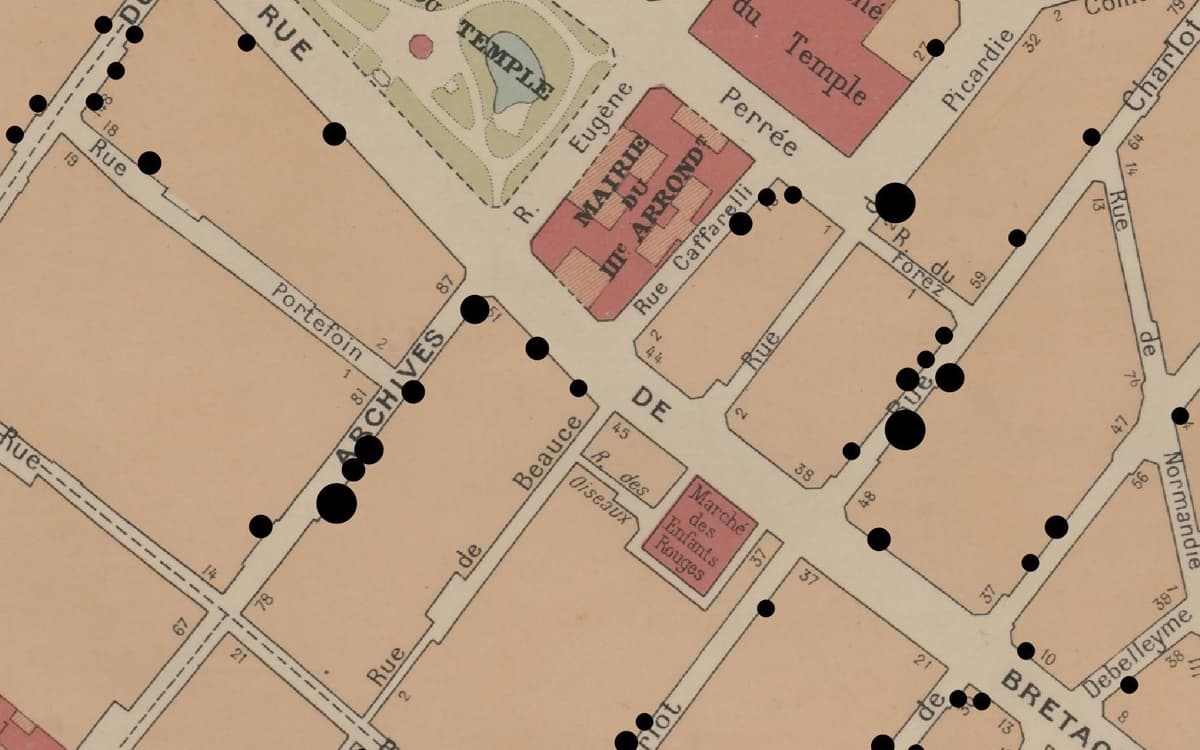 Carte des adresses des appartements spoliés mis en circulation par la préfecture de la Seine autour de la mairie du Ille arrondissement, 1943-1944 (c) Eric Le Bourhis