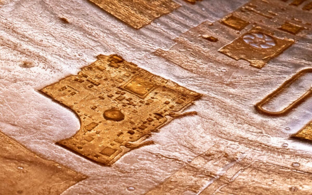 《化石化》，蓬皮杜中心，巴黎，2021。生物塑料薄膜、剩余能量传感器和互动照明装置。