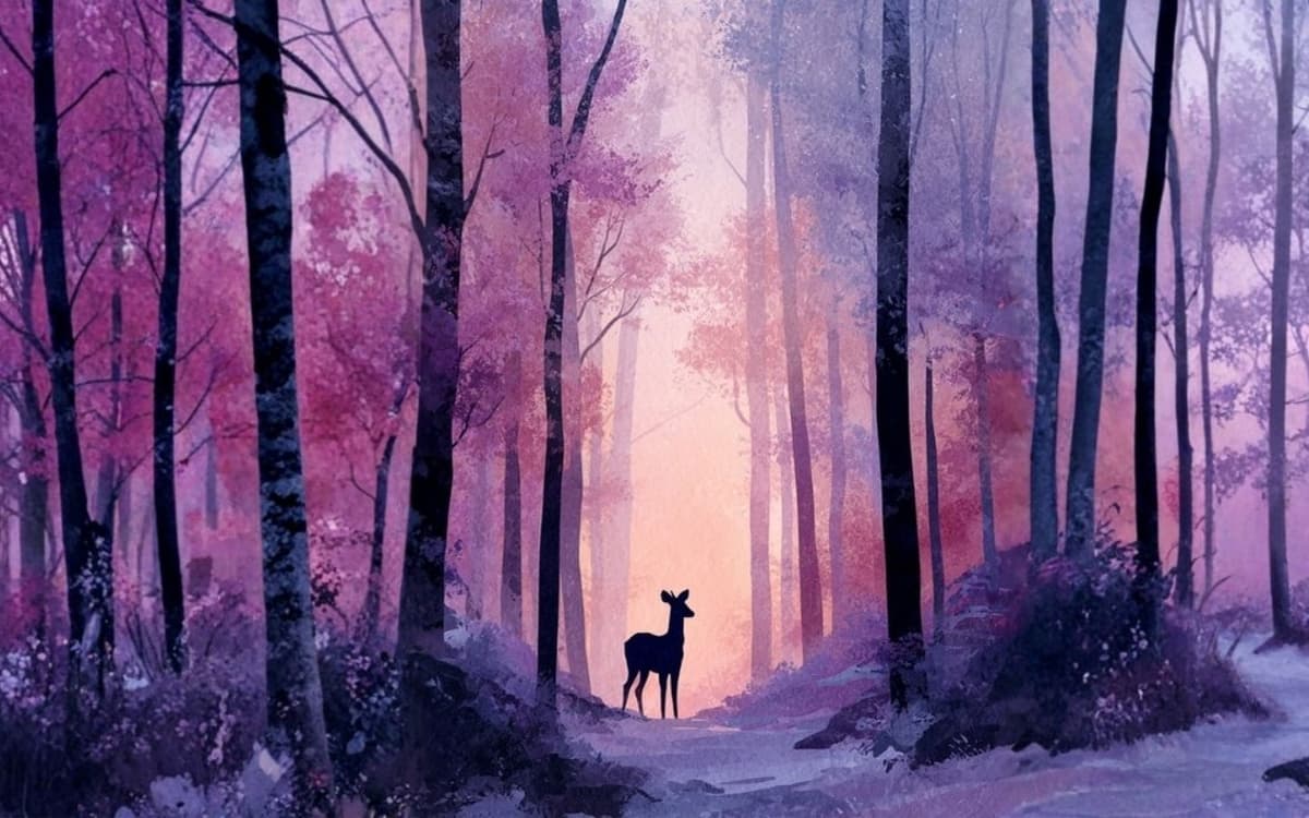 一只小鹿在粉色调的神秘森林中