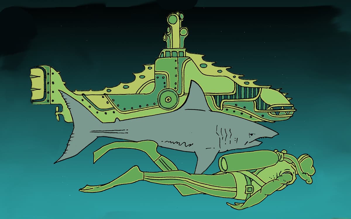 哲学工坊视觉图：描绘了水中的蛙人、鲨鱼和潜水艇。