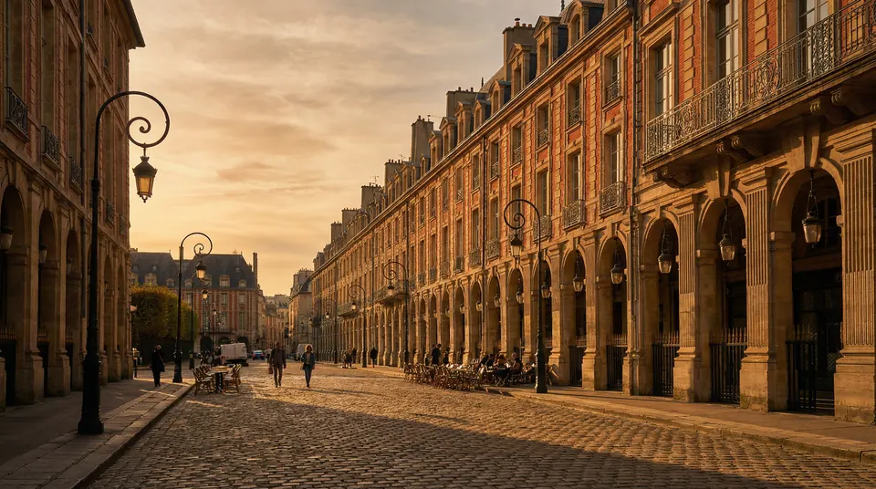Illustration : arcades et façades du vieux Paris à l'heure dorée